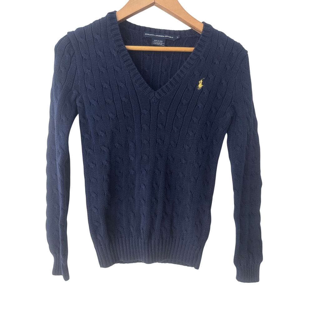 Ralph Lauren Sport Navy Blue Cable Knit V-Neck Cotton Sweater Yellow Pony S